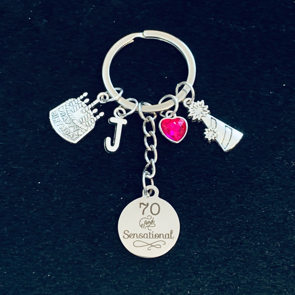 “70 and Sensational” milestone birthday keychain personalized